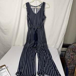 Wrapper Navy Blue and White Striped Sleeveless Wide Leg Jumpsuit Size M